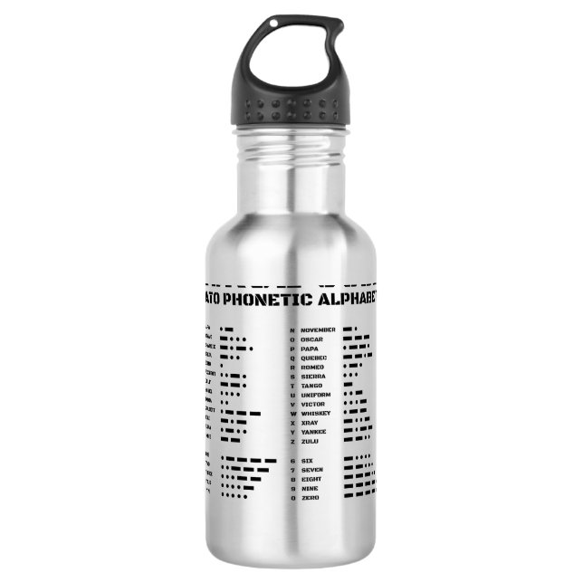 Morse Code NATO Phonetic Alphabet Stainless Steel Water Bottle (Front)