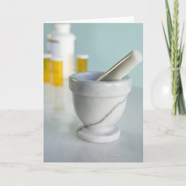 Mortar and Pestle, Pill Bottles in Background Card (Front)