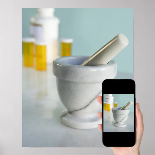 Mortar and Pestle, Pill Bottles in Background Poster | Zazzle