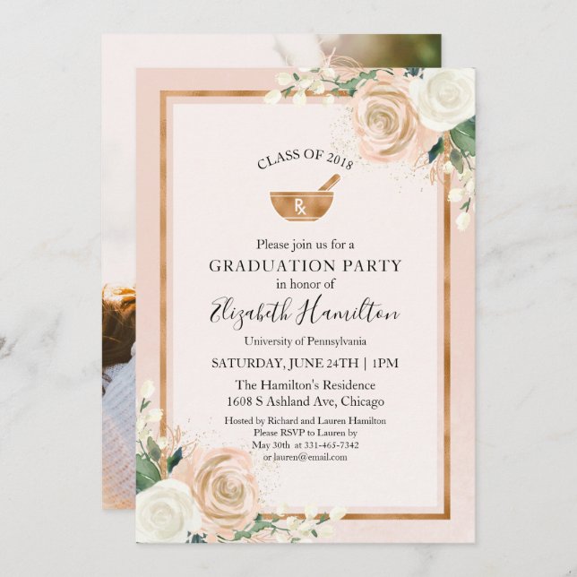 Mortar and Pestle Rx Pharmacy School Grad Photo Invitation (Front/Back)