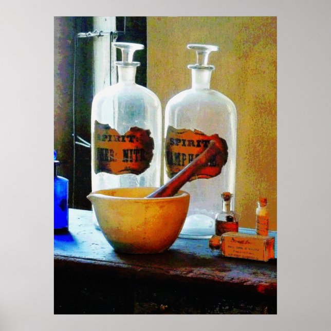 Mortar and Pestle With Bottles Poster (Front)