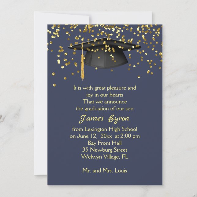Mortar, golden confetti on blue Graduation Announcement (Front)