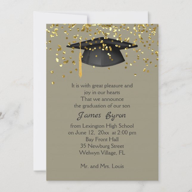 Mortar, golden confetti on  gray yellow Graduation Announcement (Front)