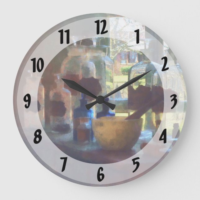 Mortar, Pestle and Bottles by Window Large Clock (Front)
