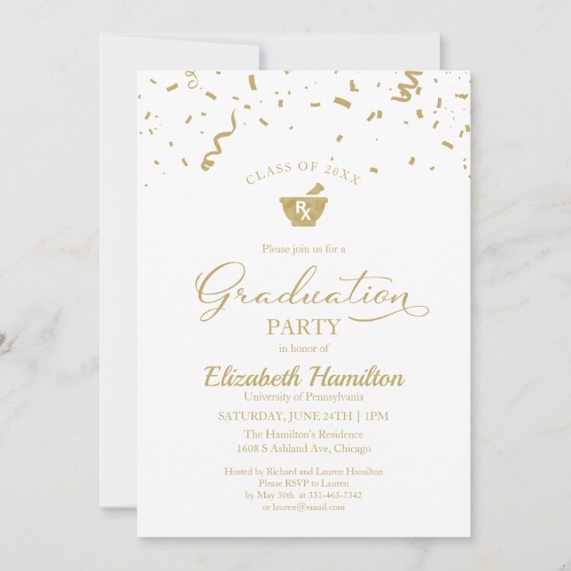 Mortar Pestle Pharmacy Grad Party Gold Confetti Invitation (Front)