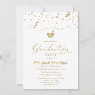 Mortar Pestle Pharmacy Grad Party Gold Confetti Invitation
