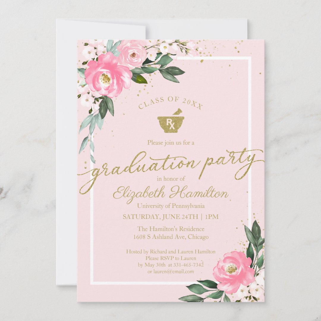 Mortar Pestle Pharmacy Grad Party Hot Pink Floral Invitation | Zazzle