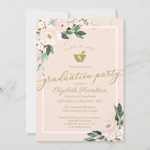 Mortar Pestle Pharmacy Grad Party Pink Floral Invitation