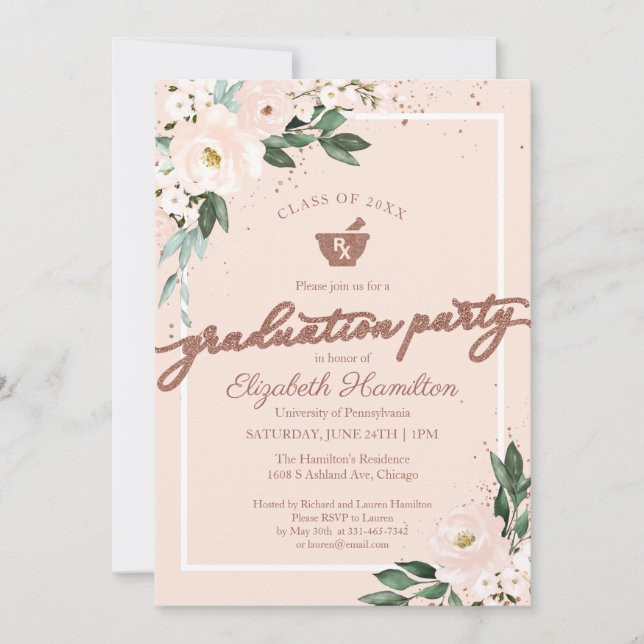 Mortar Pestle Pharmacy Grad Party Pink Floral Invitation (Front)