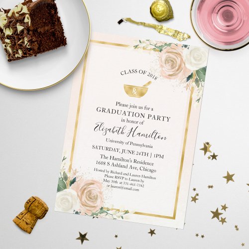 Mortar Pestle Rx Pharmacy School Grad Party Blush Invitation