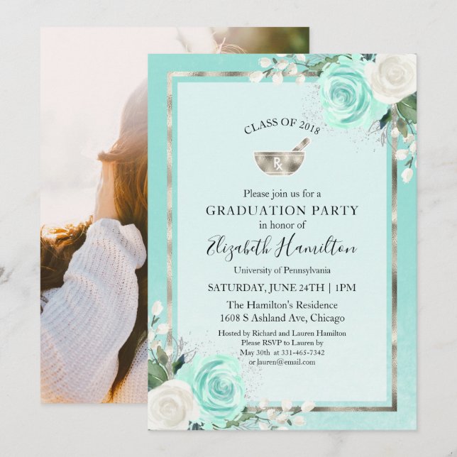 Mortar Pharmacy School Grad Party Photo Teal Invitation (Front/Back)
