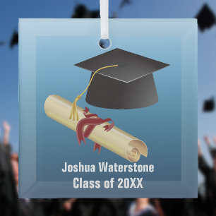 Mortarboard and Diploma Graduation  Glass Ornament