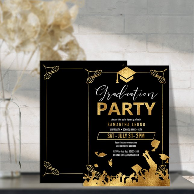 Mortarboard Graduation Party Gold/Black ID895 Foil Invitation (Creator Uploaded)