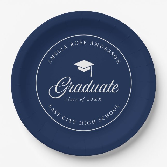 Mortarboard Script Editable Color Graduate Paper Plates (Front)
