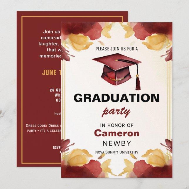 🎓Mortarboard Watercolor Graduation party  Invitation (Front/Back)