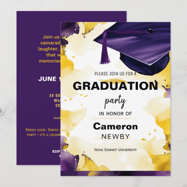 Mortarboard Watercolor Graduation party invitation (Front/Back)