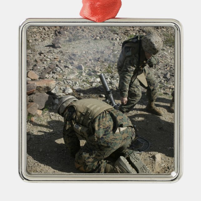 Mortarmen cover their ears and avert their eyes metal ornament (Front)