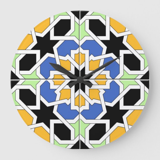 Mosaic 02 blue and black Moroccan tile in Large Clock (Front)