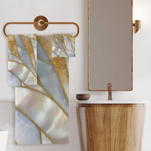Mosaic Abstract art -Pearl, moonstone and gold Bath Towel Set