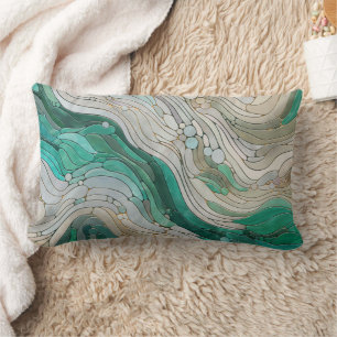 Mosaic Abstract art - Pearl, Taupe and Emerald Lumbar Pillow