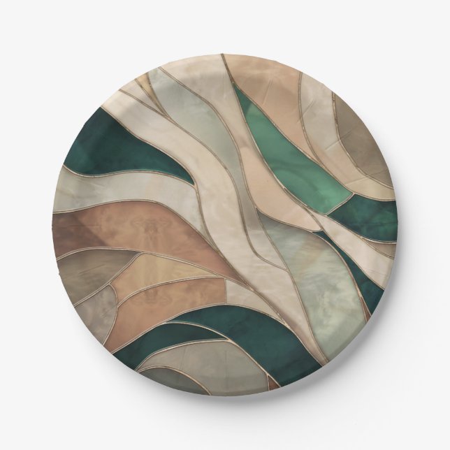 Mosaic Abstract art - Taupe and Emerald Paper Plates (Front)