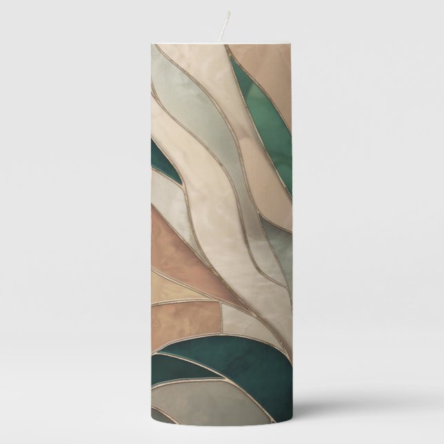 Mosaic Abstract art - Taupe and Emerald Pillar Candle (Front)