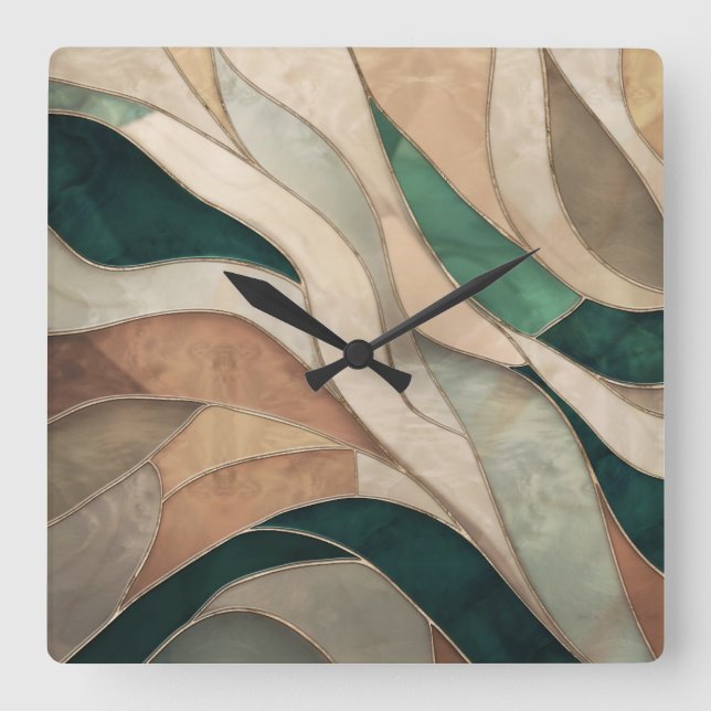 Mosaic Abstract art - Taupe and Emerald Square Wall Clock (Front)