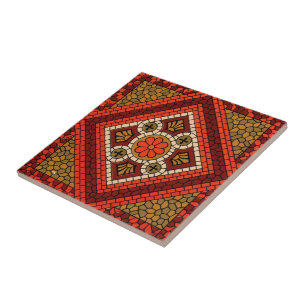 Mosaic Abstract Floral Art red and brown Ceramic Tile
