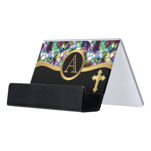 Mosaic Abstract Stain Glass  Golden Cross Desk Business Card Holder