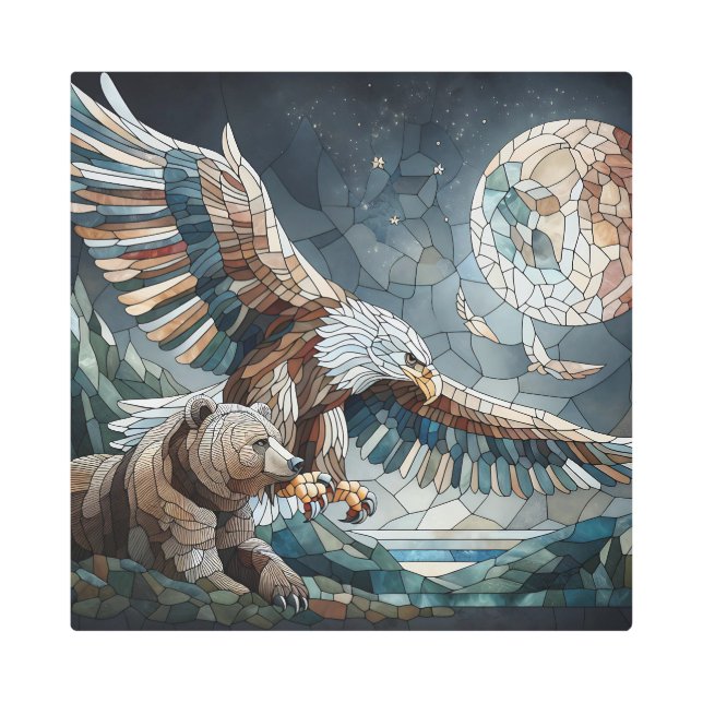 Mosaic Ai Art | Brown Bear and an Eagle Full Moon (Front)