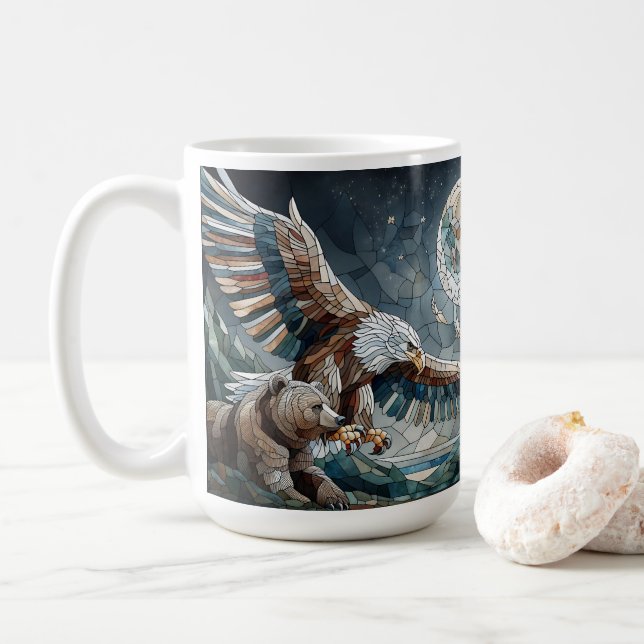 Mosaic Ai Art | Brown Bear and an Eagle Full Moon Coffee Mug (With Donut)