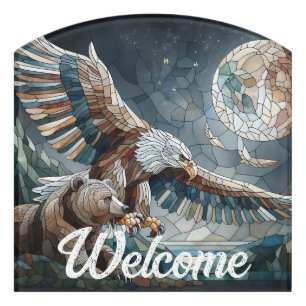 Mosaic Ai Art Brown Bear and an Eagle Full Moon Door Sign