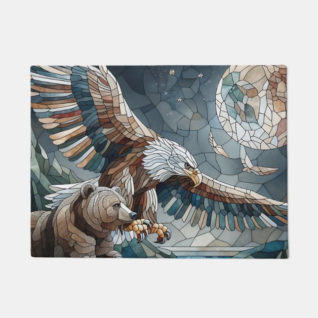 Mosaic Ai Art | Brown Bear and an Eagle Full Moon Doormat (Front)