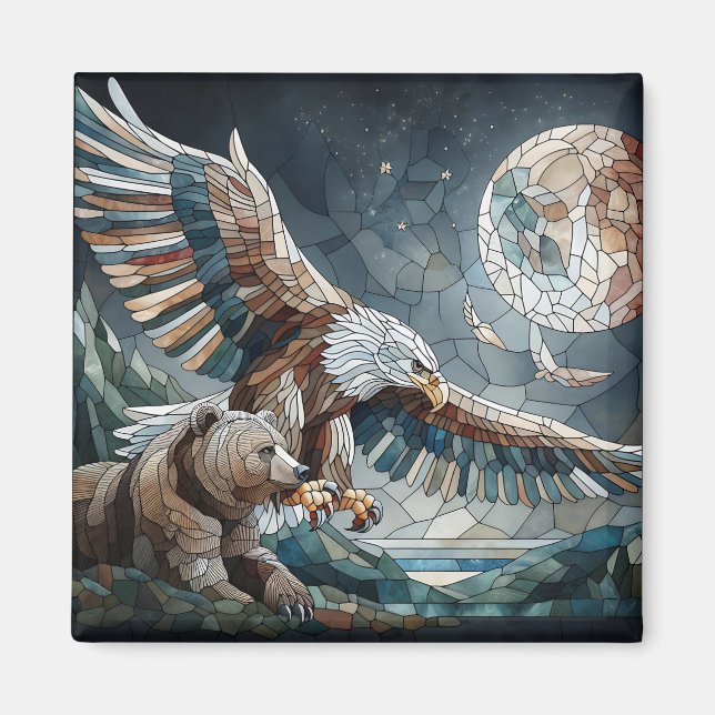 Mosaic Ai Art | Brown Bear and an Eagle Full Moon Magnet (Front)