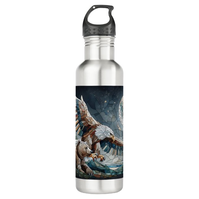 Mosaic Ai Art | Brown Bear and an Eagle Full Moon Stainless Steel Water Bottle (Front)
