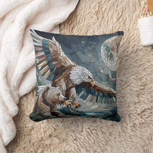 Mosaic Ai Art  Brown Bear and an Eagle Full Moon Throw Pillow
