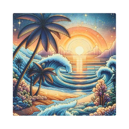 Mosaic Ai Art  Ocean Sunset and Palm Trees