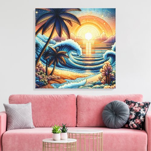 Mosaic Ai Art  Ocean Sunset and Palm Trees Canvas Print
