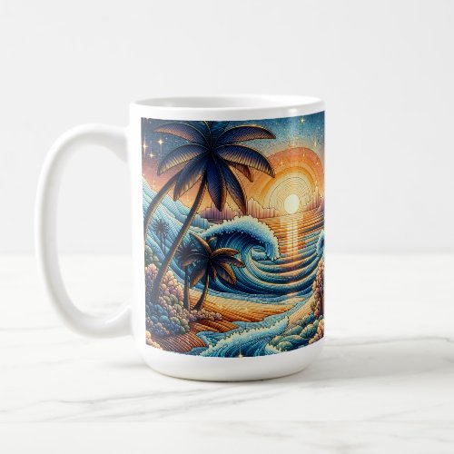 Mosaic Ai Art  Ocean Sunset and Palm Trees Coffee Mug