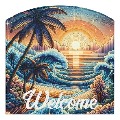 Mosaic Ai Art  Ocean Sunset and Palm Trees Door Sign