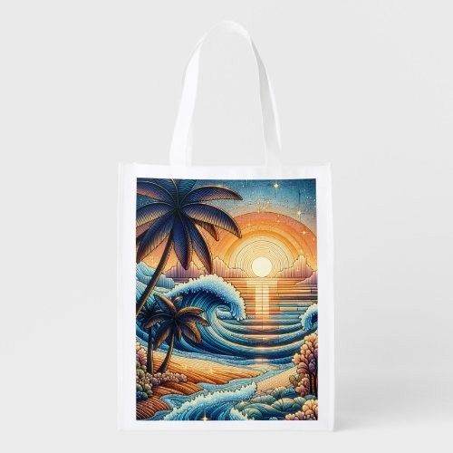 Mosaic Ai Art  Ocean Sunset and Palm Trees Grocery Bag