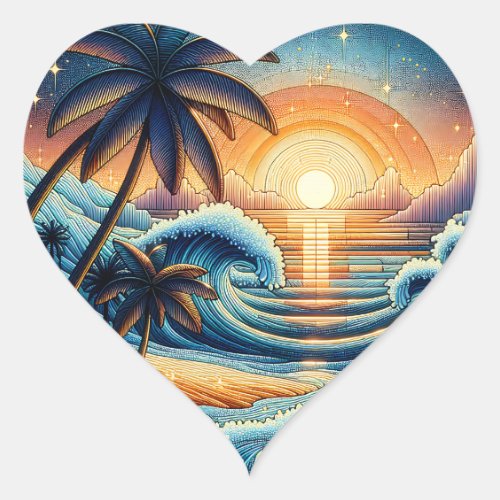 Mosaic Ai Art  Ocean Sunset and Palm Trees Heart Sticker
