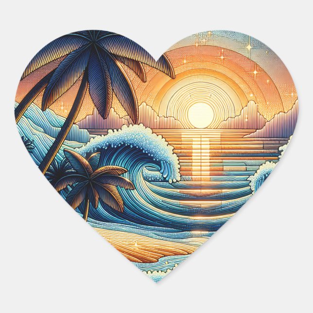 Mosaic Ai Art | Ocean Sunset and Palm Trees Heart Sticker (Front)