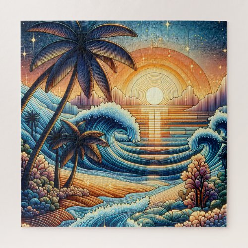 Mosaic Ai Art  Ocean Sunset and Palm Trees Jigsaw Puzzle