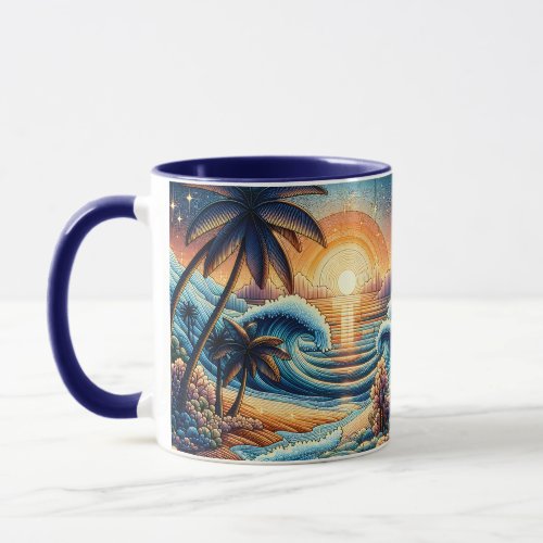 Mosaic Ai Art  Ocean Sunset and Palm Trees Mug