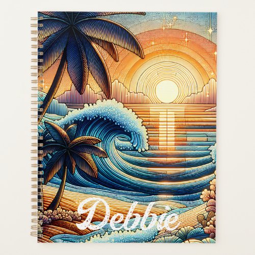 Mosaic Ai Art  Ocean Sunset and Palm Trees Planner