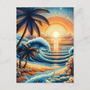 Mosaic Ai Art   Ocean Sunset and Palm Trees Postcard