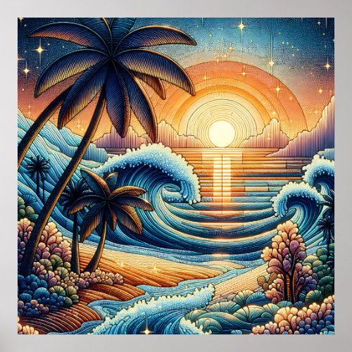 Mosaic Ai Art  Ocean Sunset and Palm Trees Poster