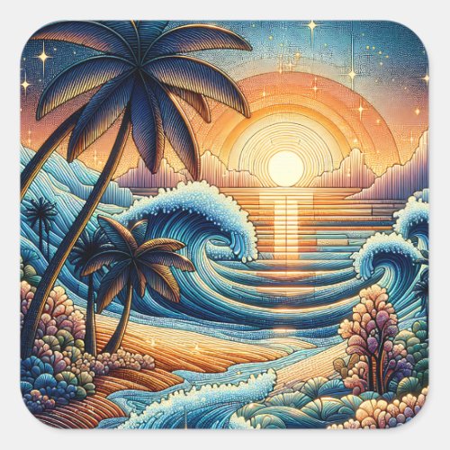 Mosaic Ai Art  Ocean Sunset and Palm Trees Square Sticker