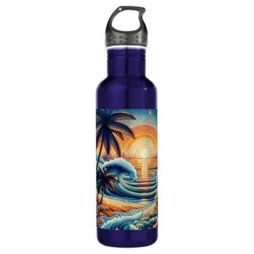 Mosaic Ai Art  Ocean Sunset and Palm Trees Stainless Steel Water Bottle